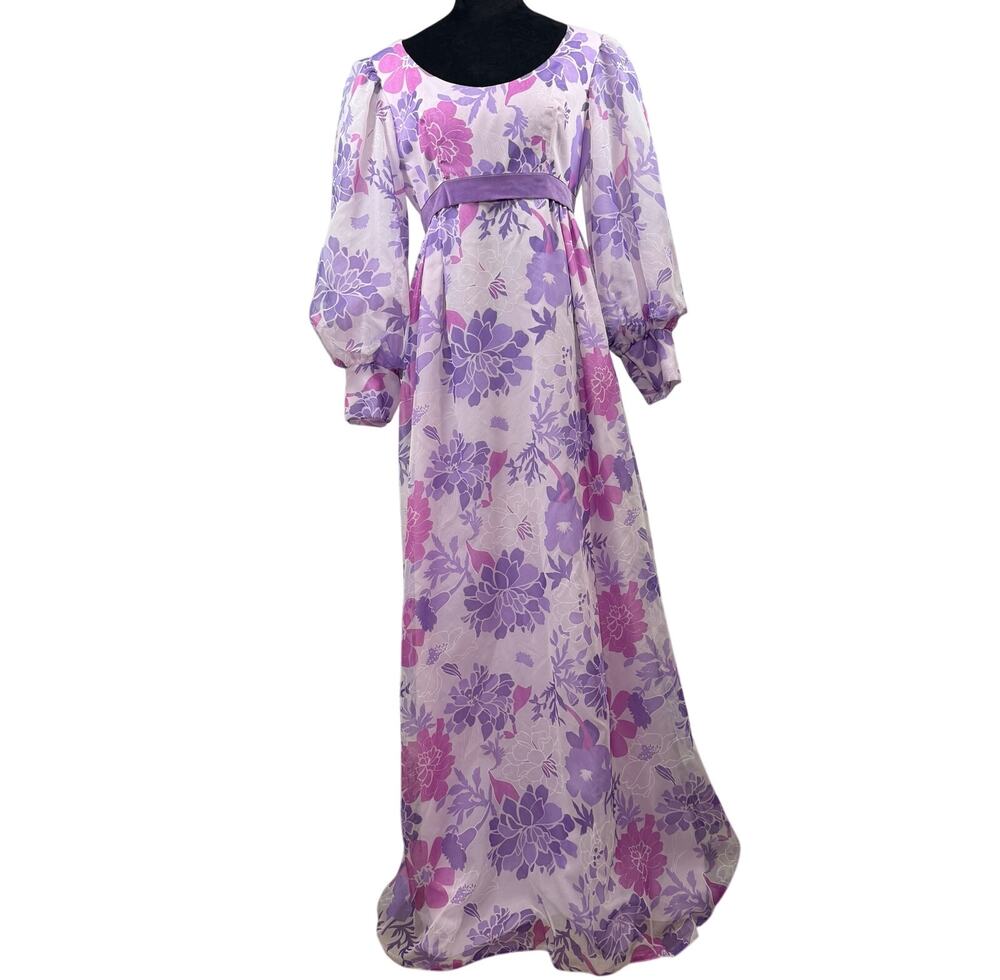 Vintage 60s Purple Floral Prom Bridesmaid Dress Women's S/M Emma Domb